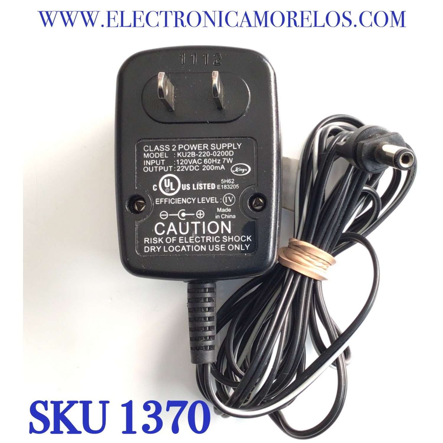 CARGADOR / ADAPTADOR PARA FUENTE DE ALIMENTACION KINGS / VCA-VCD / NUMERO DE PARTE KU2B-220-0200D / ENTRADA VCA 120V 60HZ 7W / SALIDA VCD 22V 200MA / MODELO KU2B-220-0200D